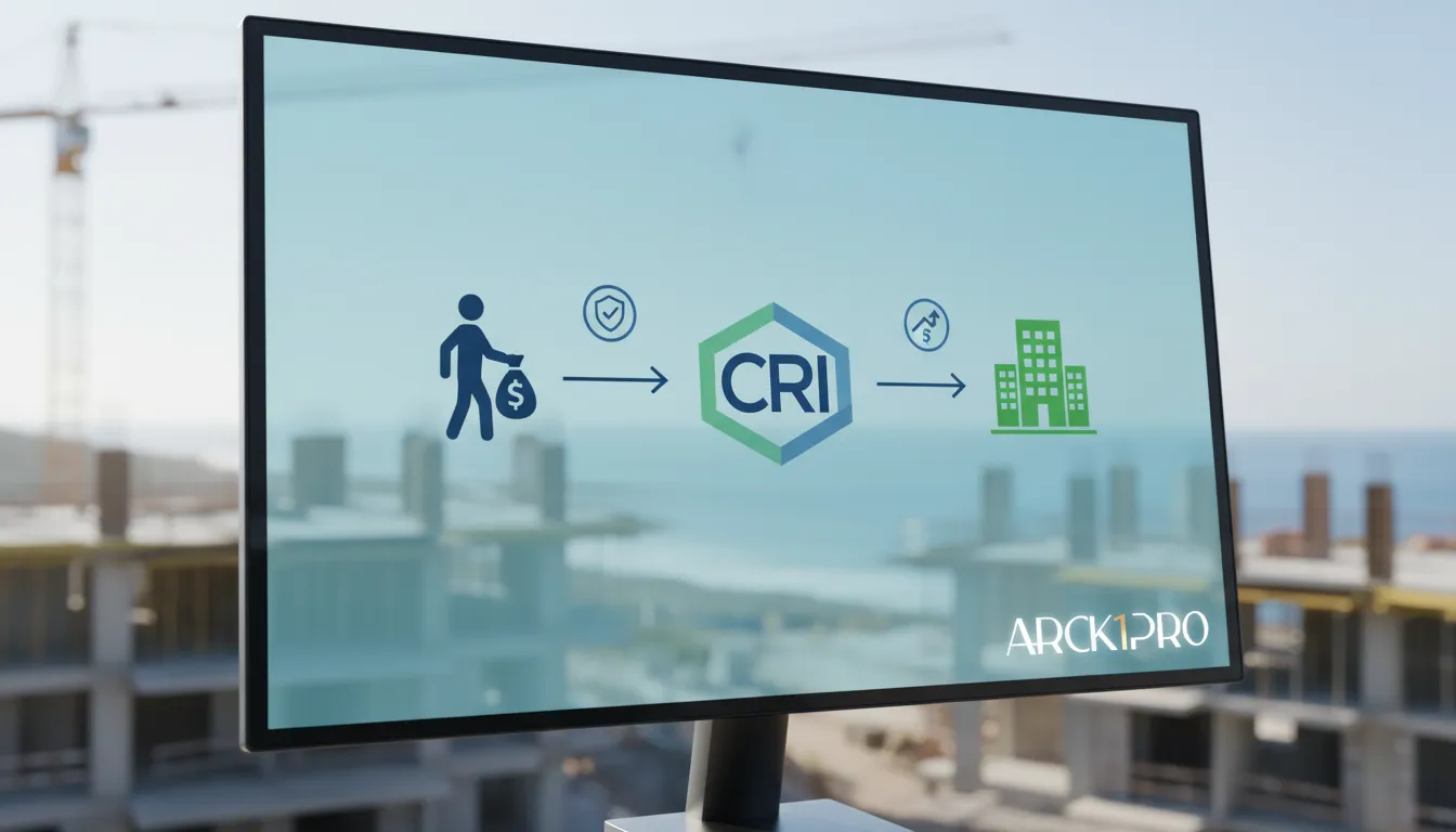 Interface digital explica o fluxo do CRI investimento em projetos imobiliários de alto padrão. Transparência e segurança.