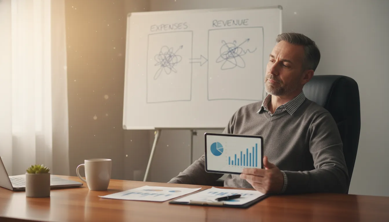 Empresário reflete sobre como as parcelas no orçamento empresa afetam a saúde financeira e planejamento.