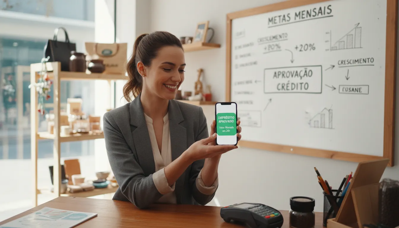 Empresária comemorando aprovação de empréstimo digital para expansão do negócio em comércio próprio