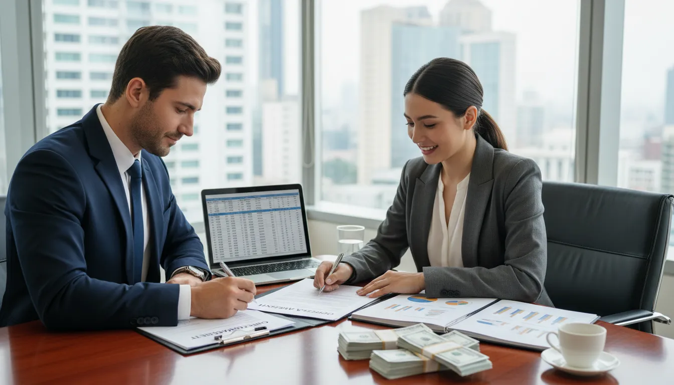 Empreendedor assinando documentos com assessor financeiro e gráficos sobre a mesa
