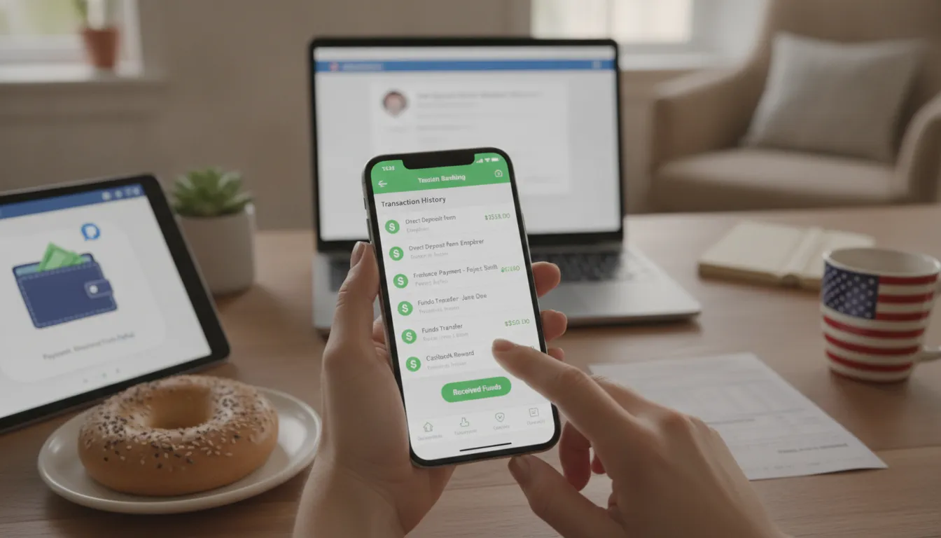 Mãos usando aplicativo bancário em smartphone, mostrando transações de como receber dinheiro em Estados Unidos digitalmente.