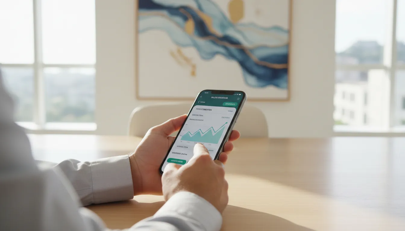 Pessoa gerenciando reservas financeiras no celular, ilustrando liquidez e facilidade de acesso