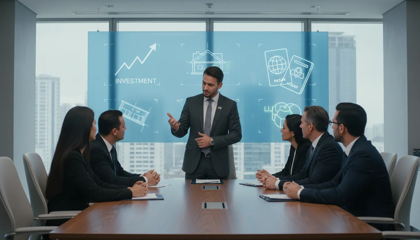 International professionals discuss investment legal matters in modern Brazil office with a lawyer.