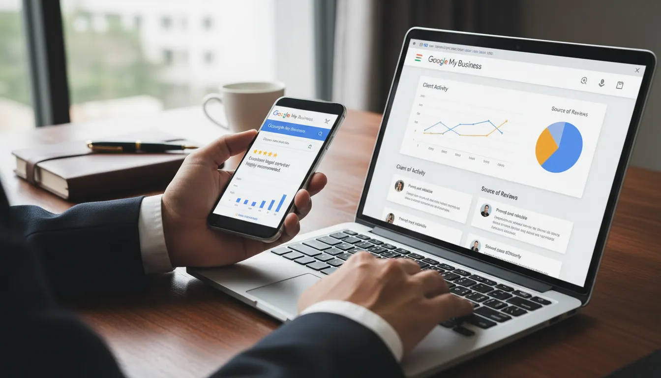 Mãos de advogado usando smartphone e laptop com Google Meu Negócio e avaliações de clientes