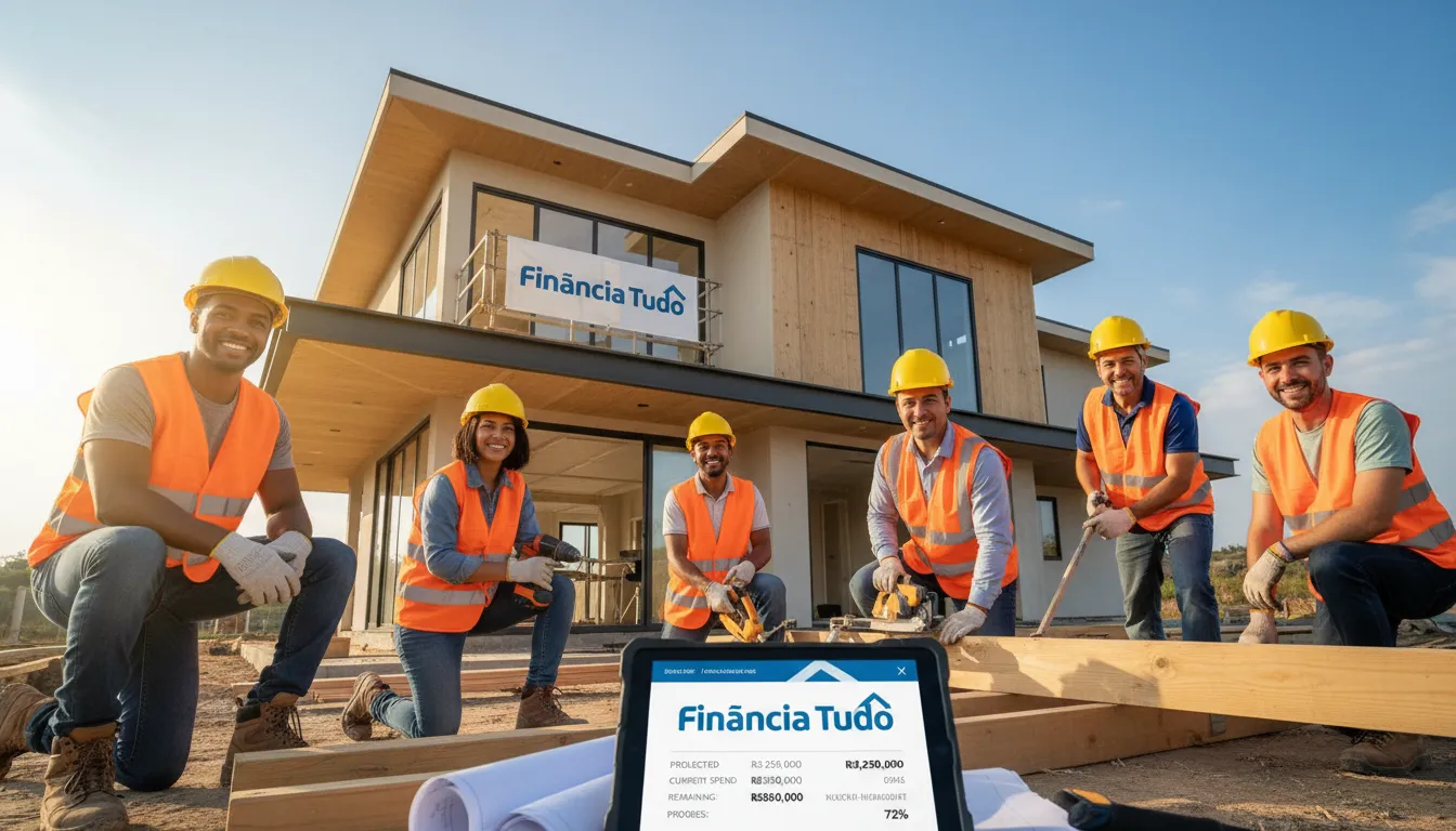 Foto realista de trabalhadores da construção civil em obra de uma casa moderna, com tablet exibindo logo da Financia Tudo e dados financeiros, aludindo a soluções de empréstimo para construção.