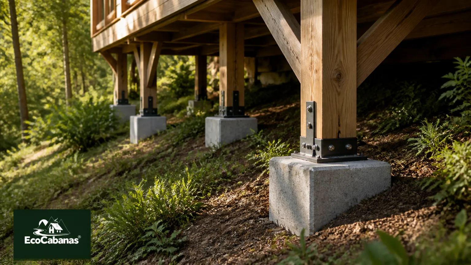 Detalhe da fundação para casa de campo em terreno em declive sem terraplenagem pesada