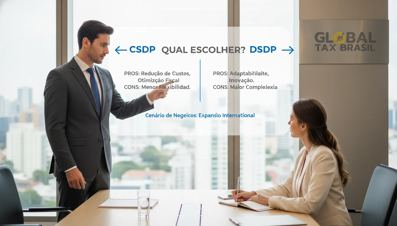 Consultor explicando a escolha entre CSDP e DSDP para uma cliente, ilustrando a diferença csdp e dsdp.