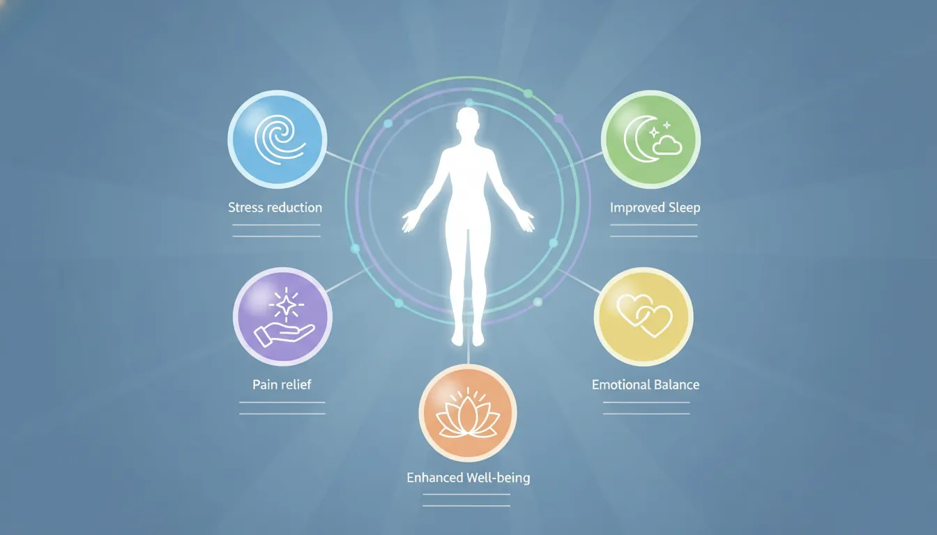 Mãos praticando Reiki sobre o corpo, transmitindo energia curativa e destacando os benefícios da terapia Reiki.