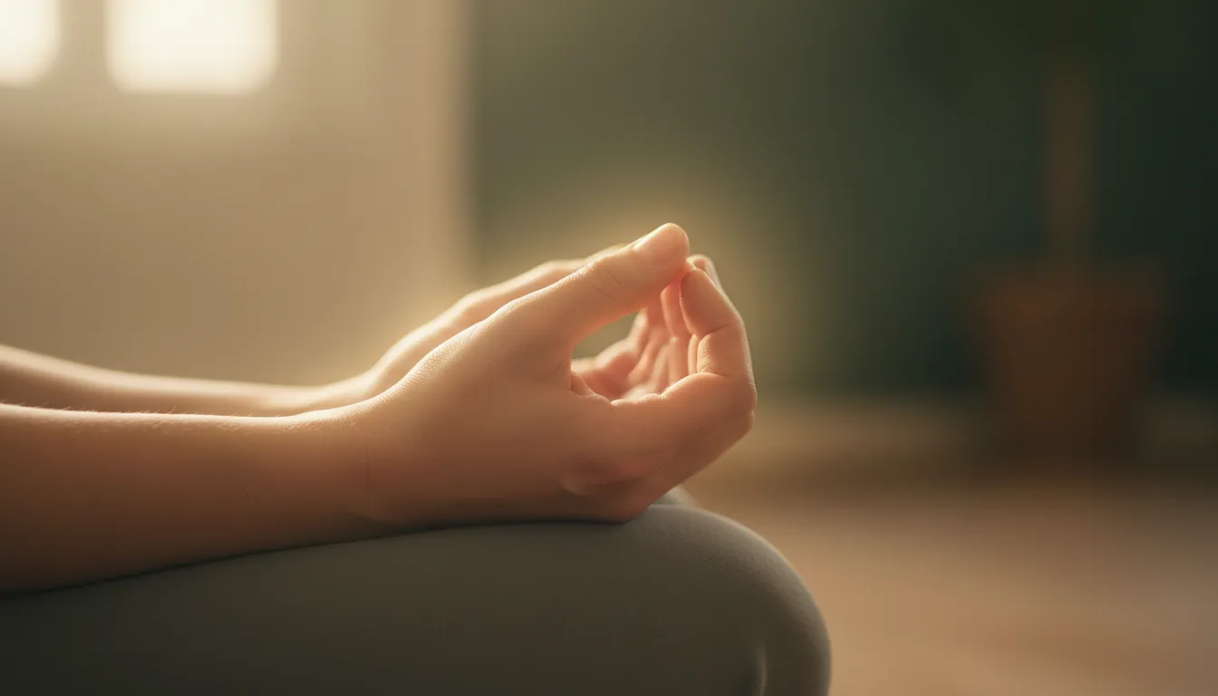 Mãos em pose de meditação, representando o início da prática de meditação guiada e relaxamento.