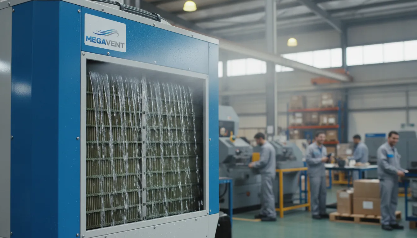 Sistema de climatização industrial evaporativa da MegaVent em operação, proporcionando ambiente fresco e produtivo.
