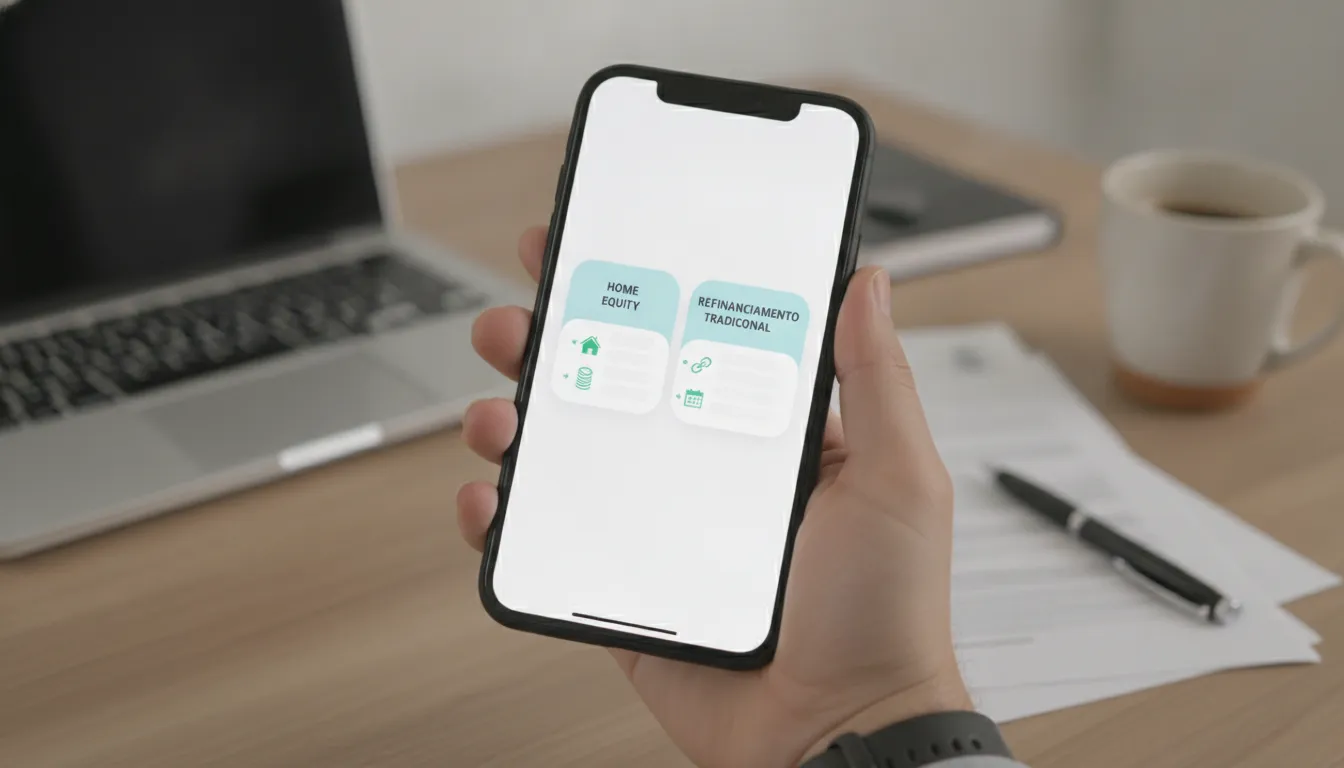 Tela de smartphone comparando home equity ou refinanciamento tradicional, destacando opções financeiras.