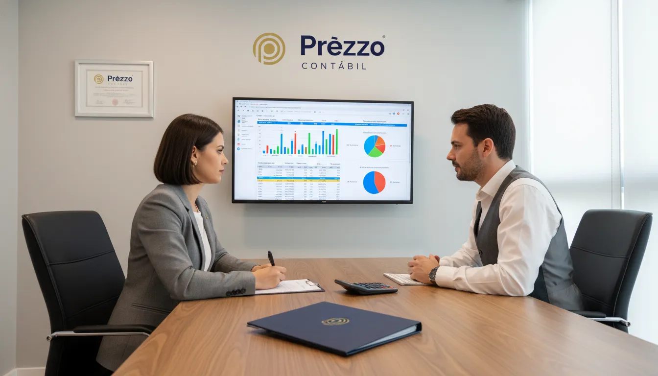 Contador e gestora de clínica de estética analisam relatórios financeiros e impostos para otimizar a contabilidade.