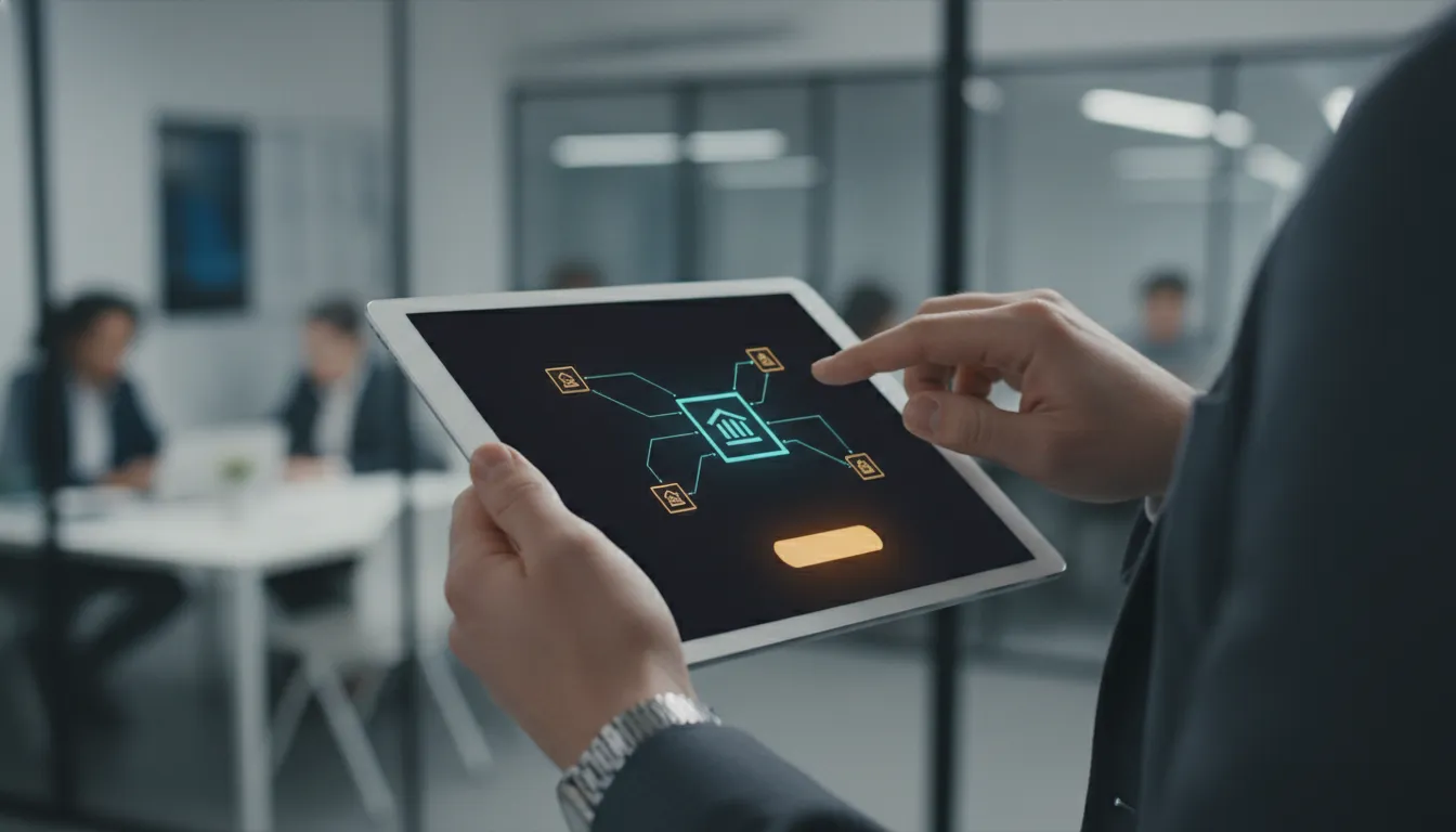 Mãos navegando em plataforma digital Financia Tudo, simplificando o acesso a crédito estruturado empresarial e soluções inteligentes.