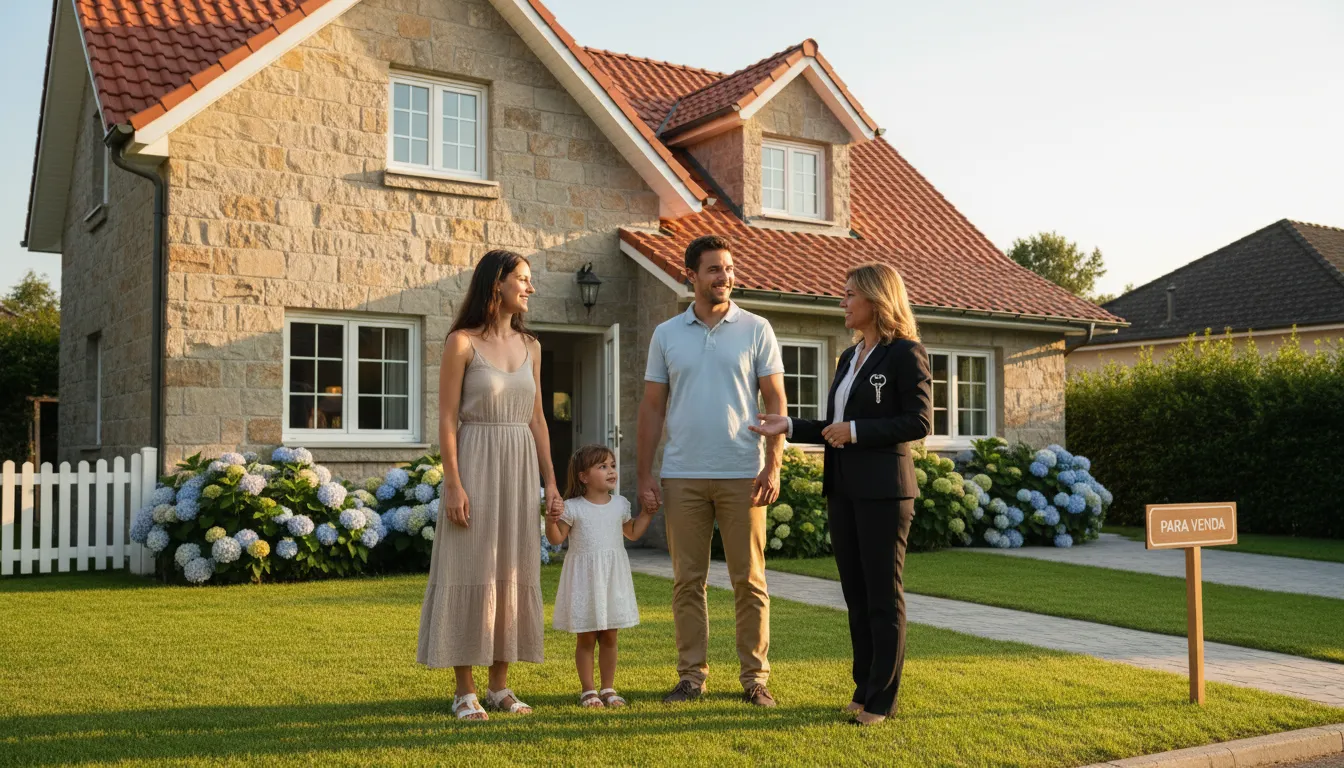 Família alegre visita um novo lar, destacando a eficácia de anunciar imóvel para encontrar o comprador ideal com segurança.