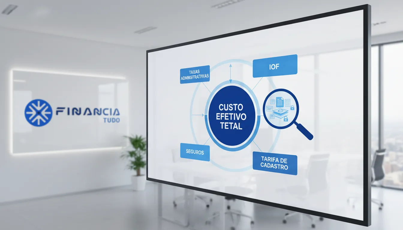 Infográfico realista detalhando componentes como IOF e seguros, explicando o custo efetivo total crédito.