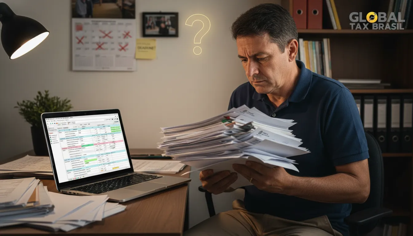 Homme confus face aux documents résidence fiscal Brésil. Évitez les pièges de la Receita Federal. Solutions tributaires.