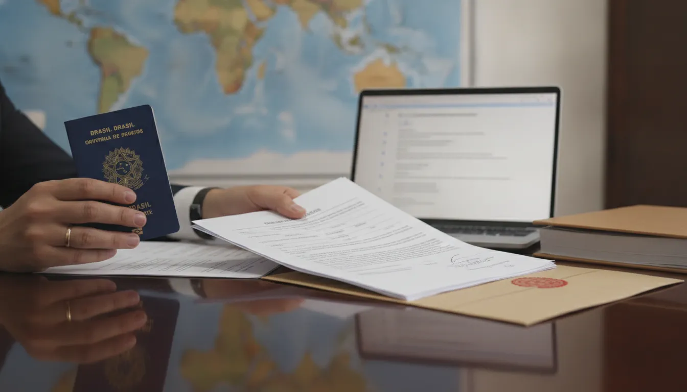 Mains échangeant documents légaux pour visa, symbolisant les démarches juridiques pour vivre au Brésil.