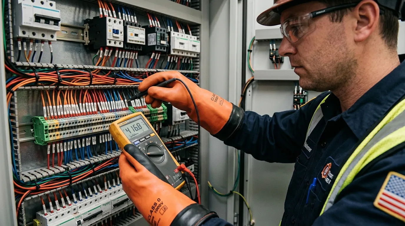 Técnico utilizando multímetro com EPIs para manutenção elétrica entendendo NR 10 o que é necessário.