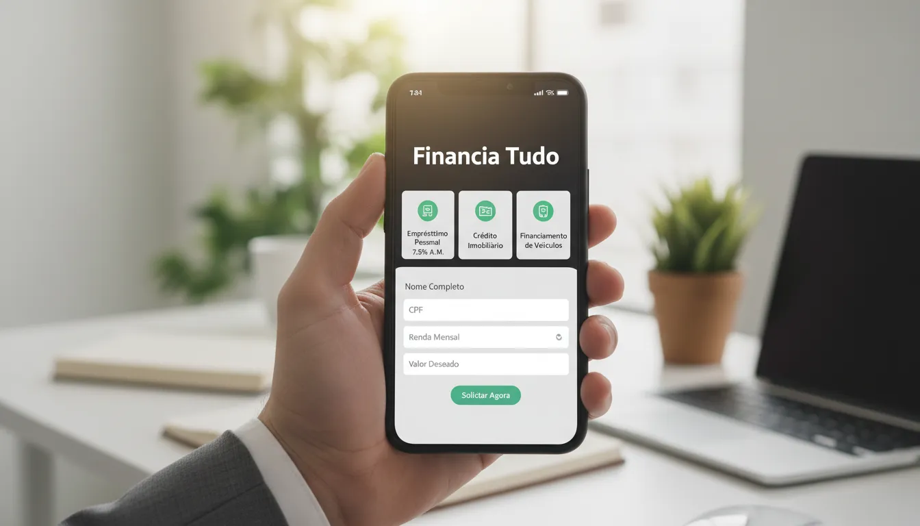 Interface do aplicativo Financia Tudo em um smartphone, mostrando opções de crédito para caminhoneiro de forma clara e acessível.