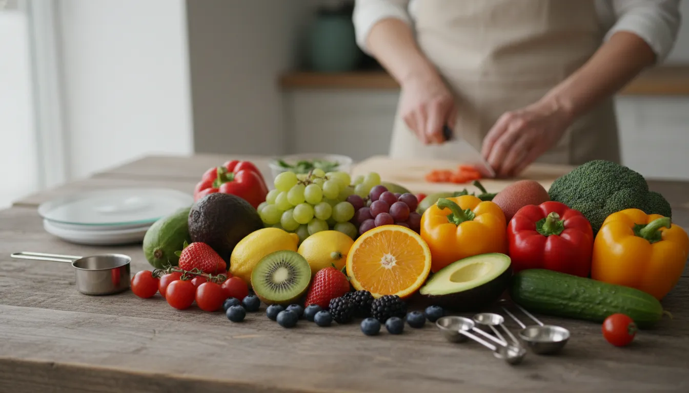 Variedade de frutas e verduras coloridas, representando uma dieta saudável e equilibrada com foco em alimentos frescos.