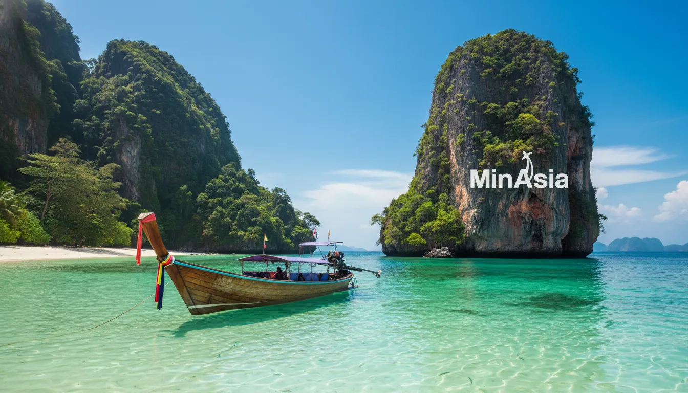 Baía serena em Phuket Tailândia, com karsts de calcário imponentes, águas esmeralda e barco longtail.