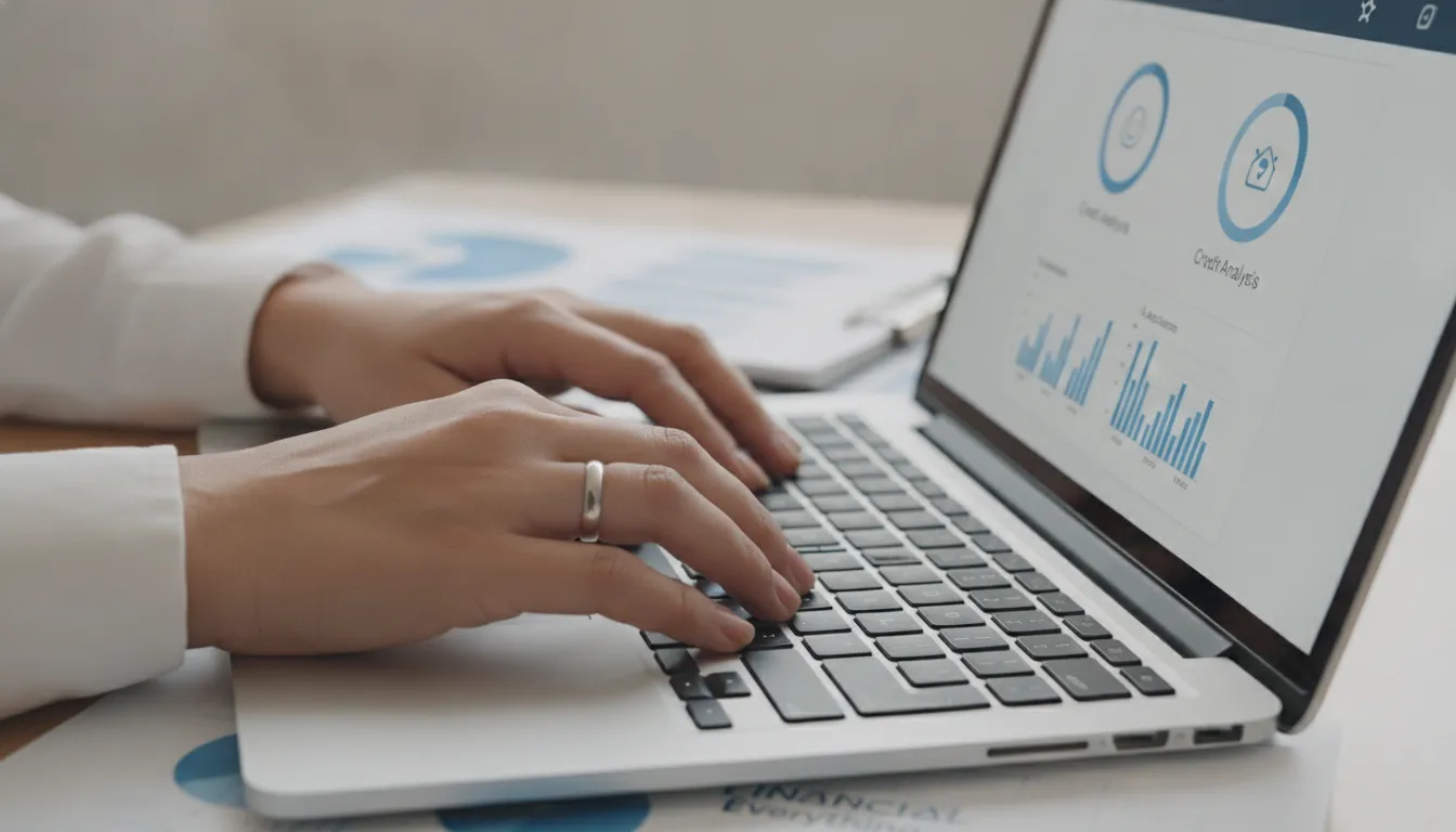 Mãos digitando laptop, explorando opções financiamento para escritório de advocacia em plataforma Financia Tudo.