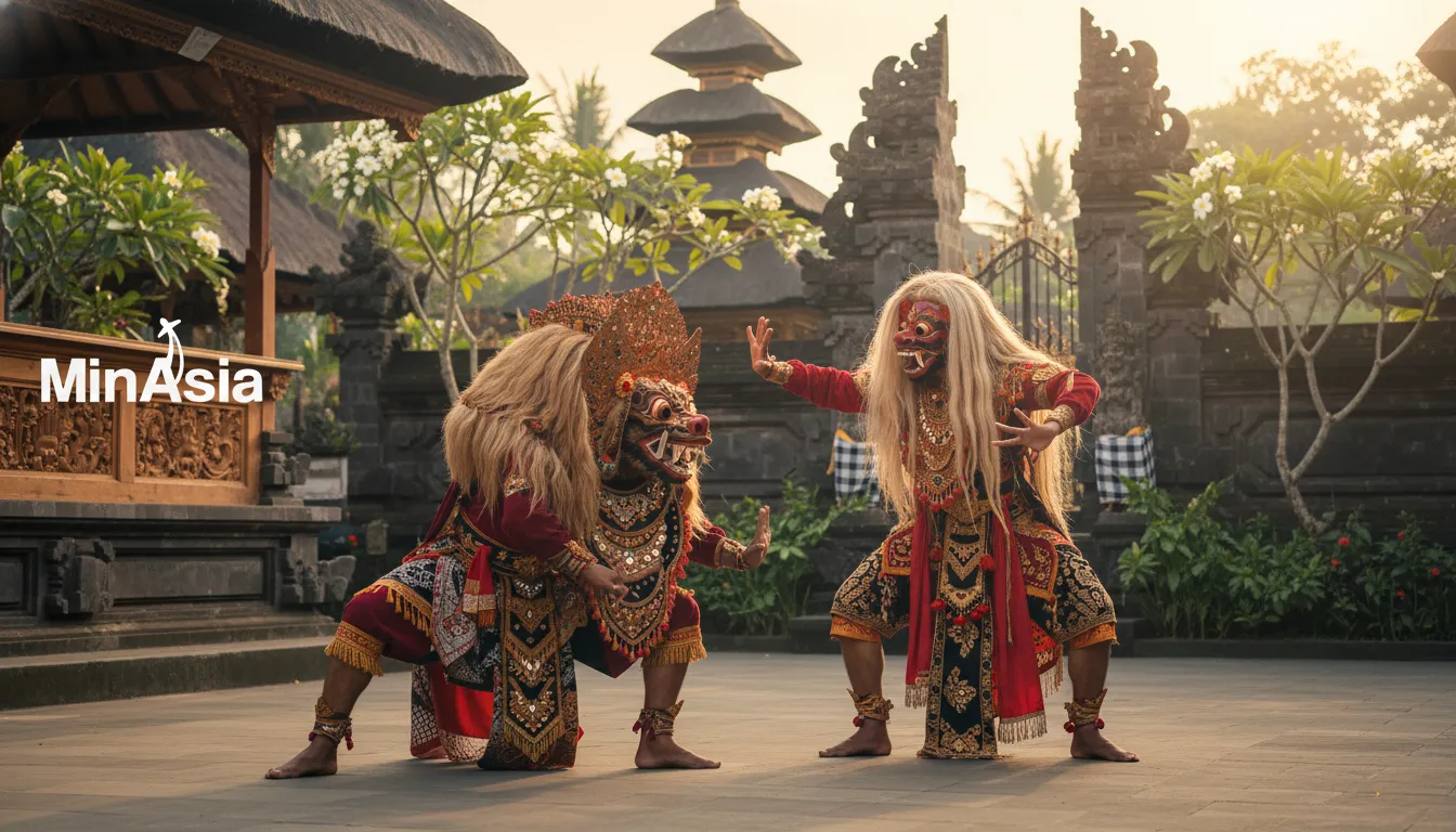 Dançarinos balineses em trajes coloridos e cocares dourados durante uma apresentação cultural em Bali, Indonésia.