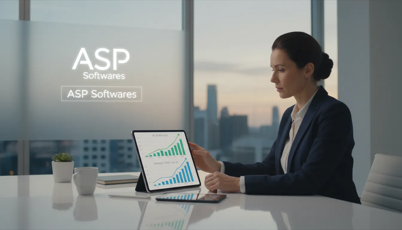Um empresário analisando dados de vendas em um tablet, mostrando crescimento do ticket médio com o logo da ASP Softwares ao fundo.