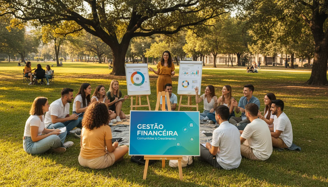 Jovens em workshop sobre finanças ao ar livre.