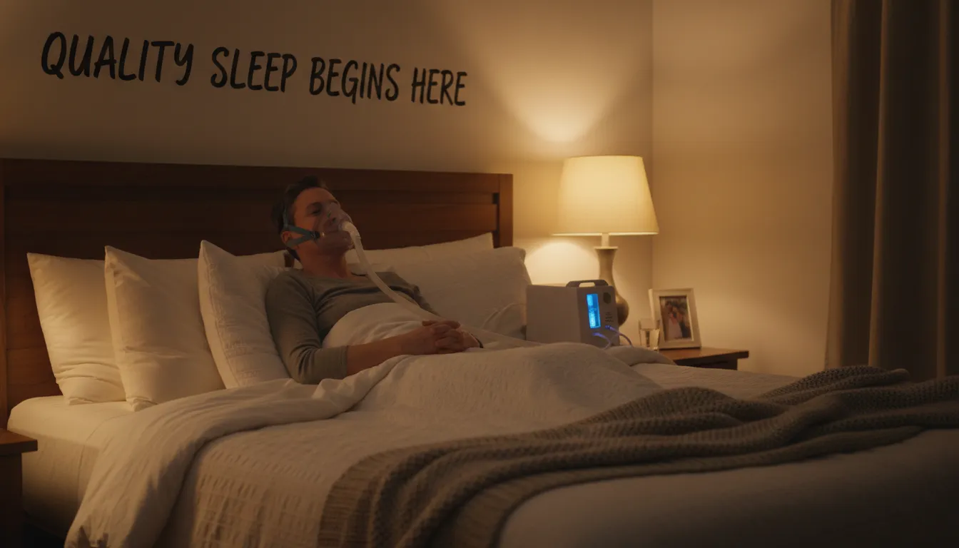 Paciente dormindo tranquilamente com CPAP, ilustrando qualidade de sono e adapta&ccedil;&atilde;o ao tratamento.