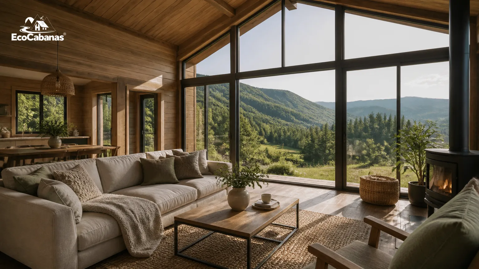 Interior aconchegante de casa de campo madeira e vidro com vista panoramica para a mata e luz suave