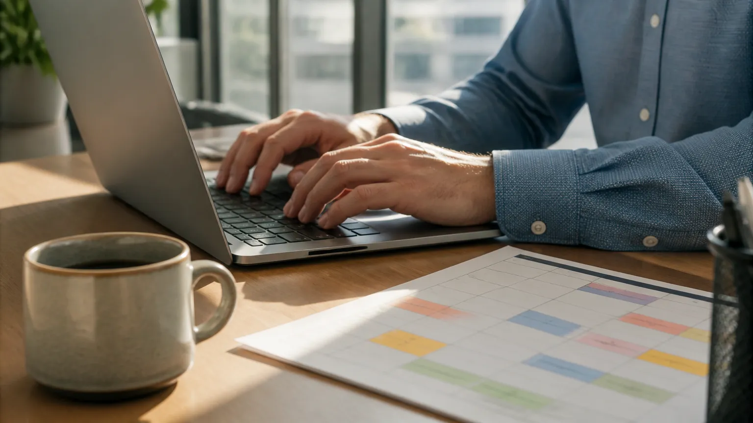 Organização de tarefas para rotina semanal de indicações financeiras com laptop.