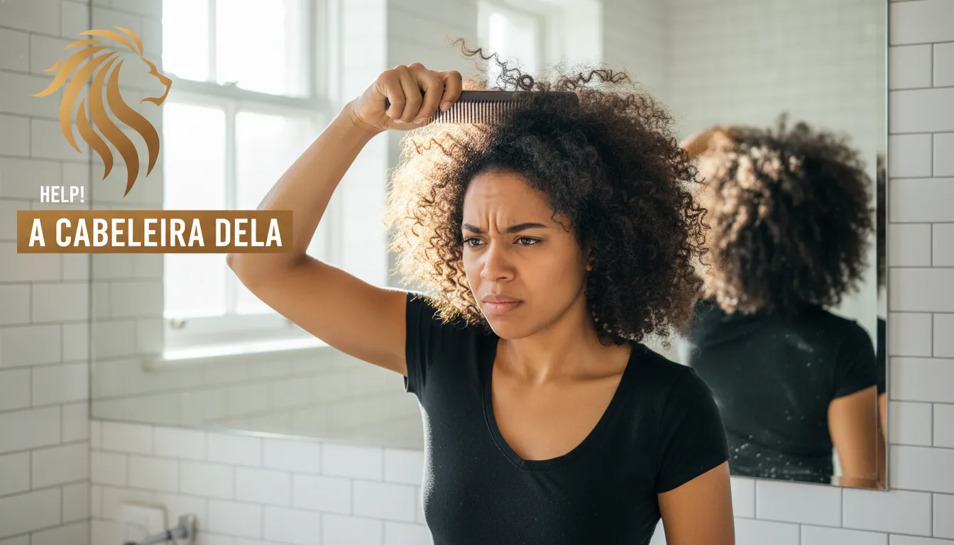 Mulher preocupada tentando pentear o cabelo embaraçando muito em um banheiro iluminado.