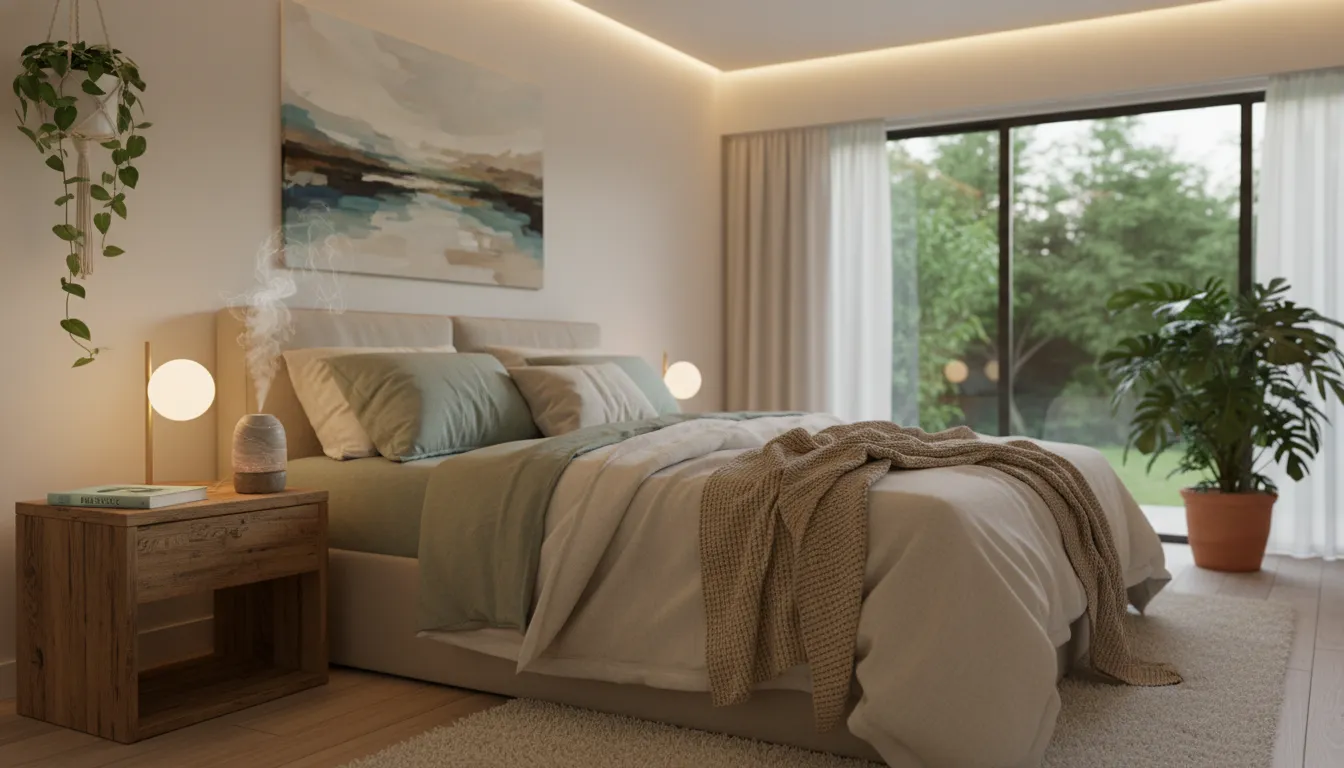 Quarto tranquilo com difusor de aromaterapia, promovendo relaxamento e alívio do estresse com óleos essenciais.