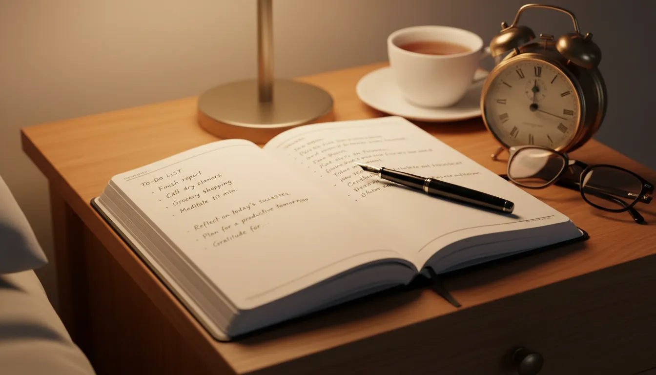 Diário com tarefas e reflexões noturnas ao lado de relógio, sugerindo planejamento saudável.