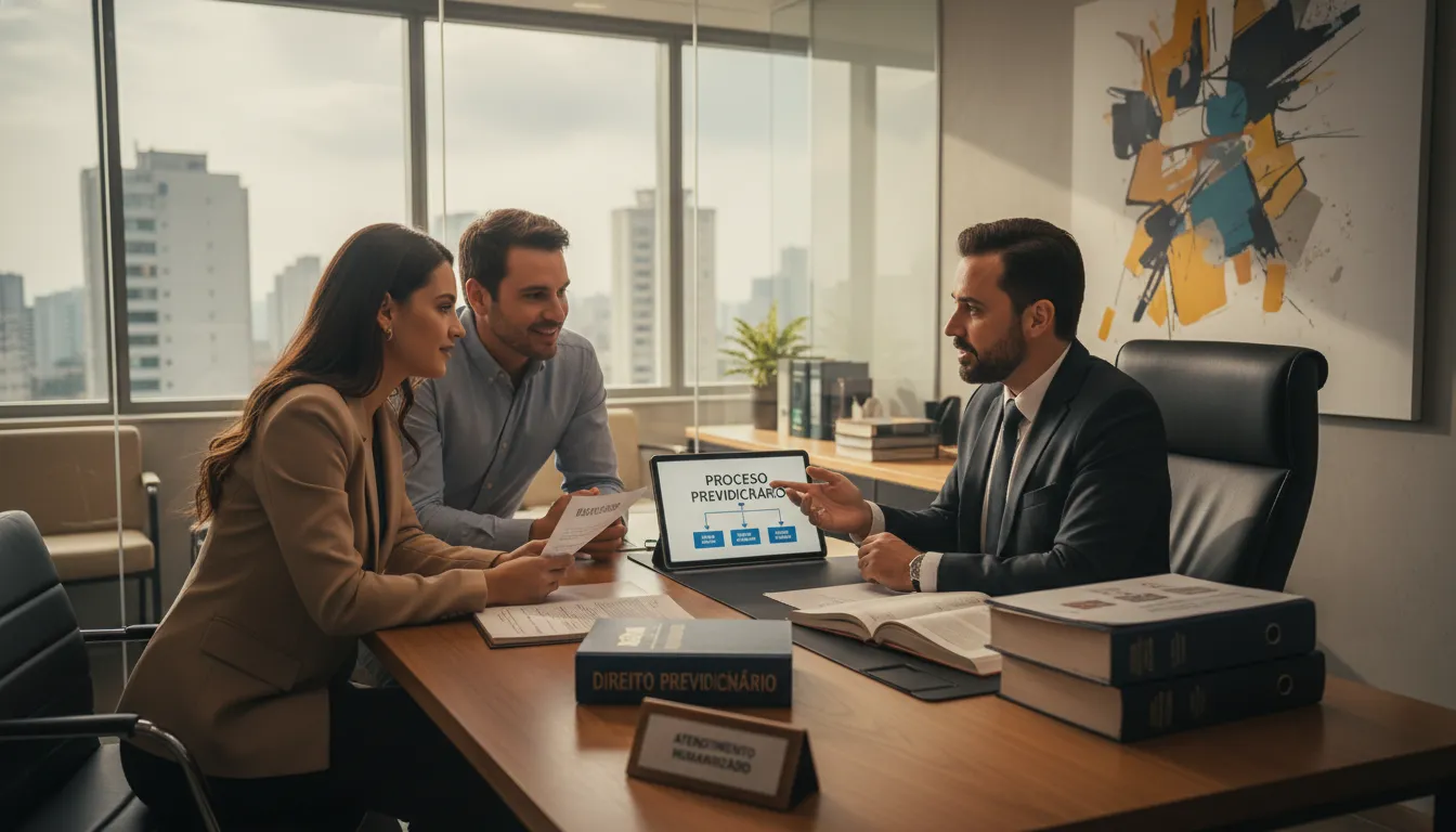 Advogado explicando processo do auxílio-doença a casal em escritório moderno e acolhedor