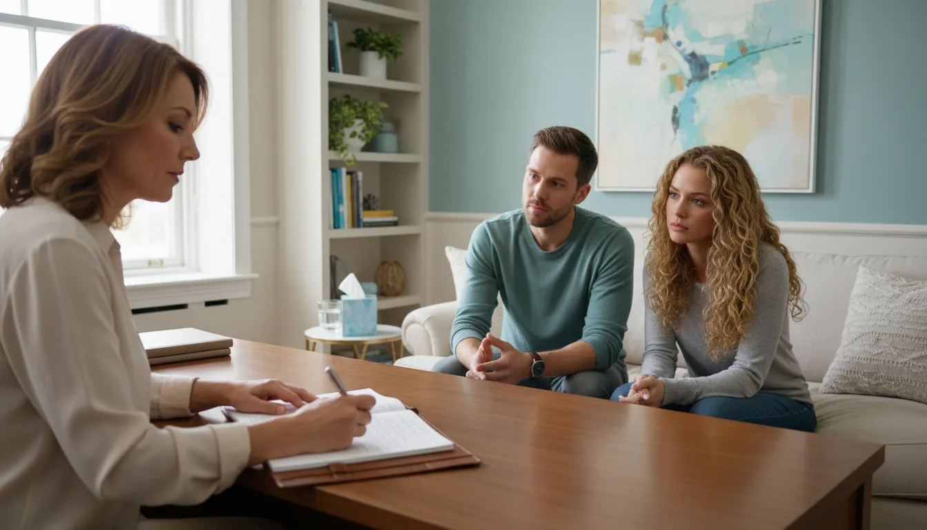 Terapeuta de casal conduz sessão atenciosa, focada na comunicação entre os parceiros em consultório profissional.