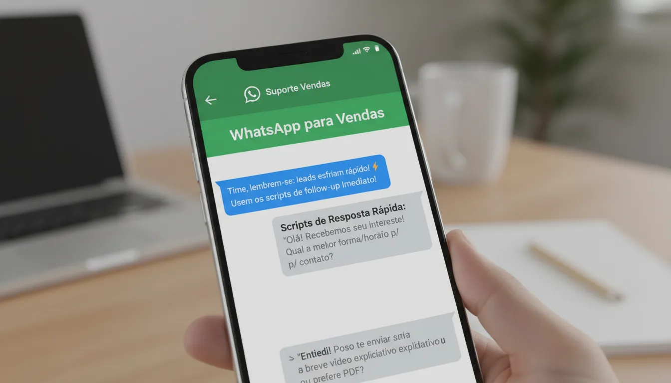 Detalhe de smartphone mostrando WhatsApp para vendas e follow-ups.