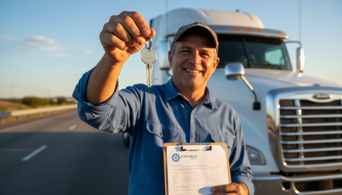Caminhoneiro sorrindo com as chaves do novo caminhão, financiado com crédito para frota de caminhões da Financia Tudo.