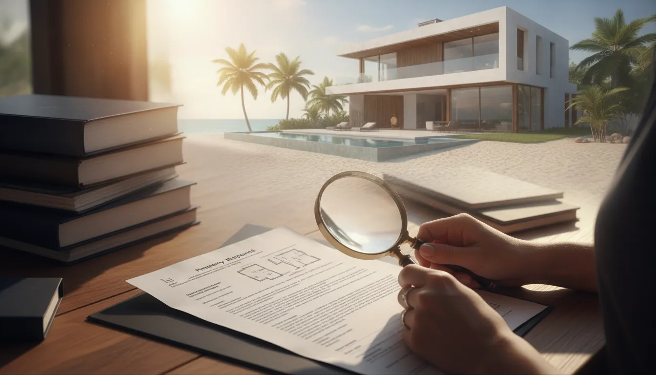 Advogada revisa documentos de propriedade com lupa, garantindo due diligence imobiliária segura para imóvel.