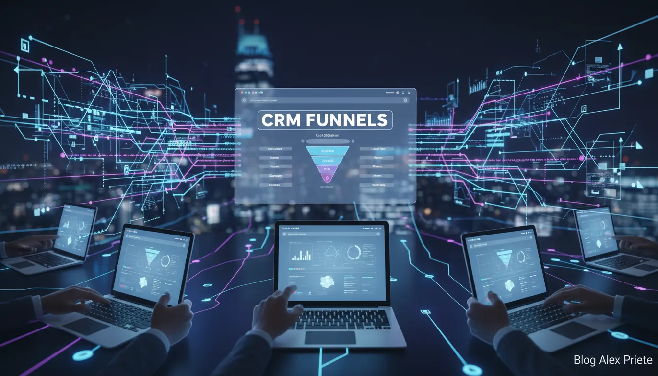 Paisagem digital com CRM Funnels no centro, conectando dispositivos. Dominação Local com Google; Marketing Digital para negócios.