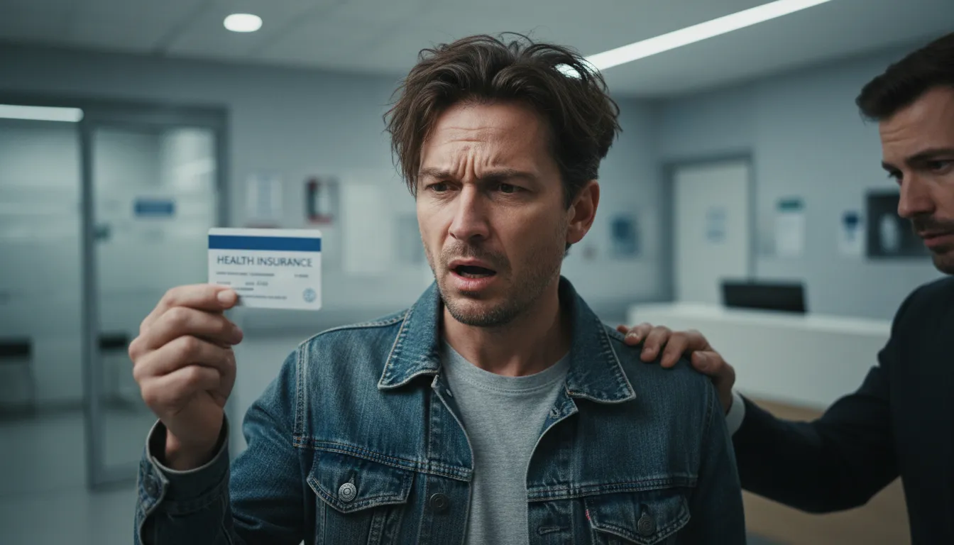 Paciente frustrado segura cartão do plano de saúde, buscando ajuda de advogado em Hortolândia.