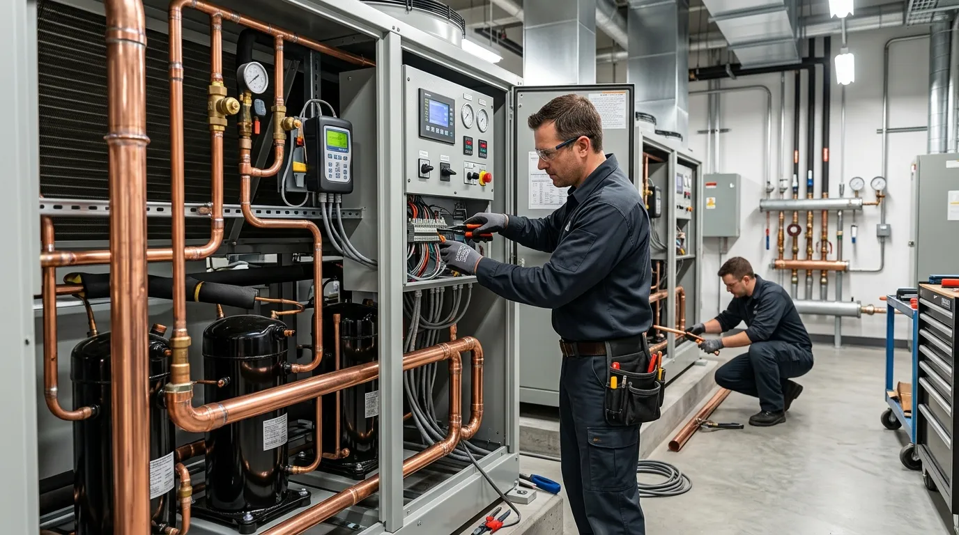 Técnico realizando modernização de equipamentos em retrofit ar condicionado predial