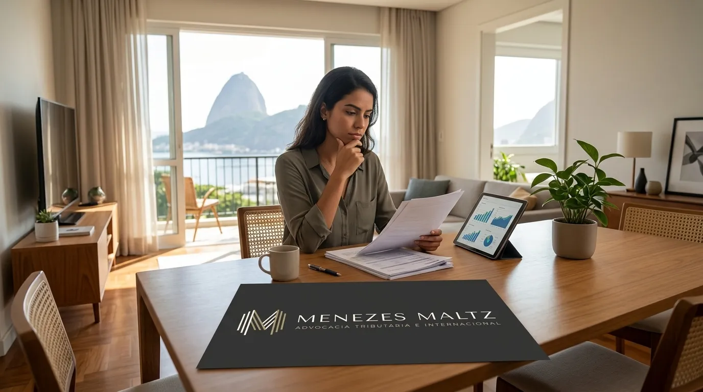 Brasileira analisa documentos de nômade digital residência fiscal Brasil em apartamento.