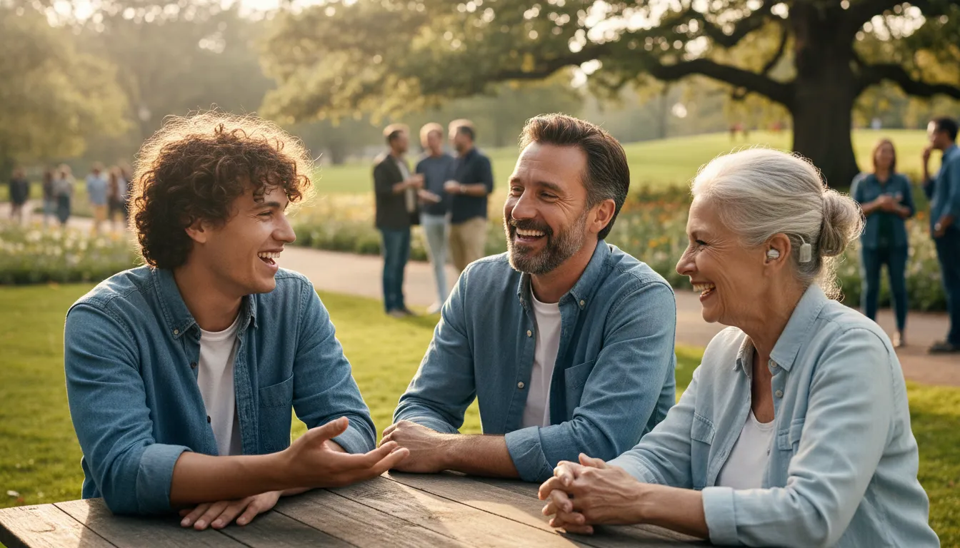 Pessoas de diferentes idades conversam alegremente, destacando inclusão com oticon aparelhos auditivos discretos.