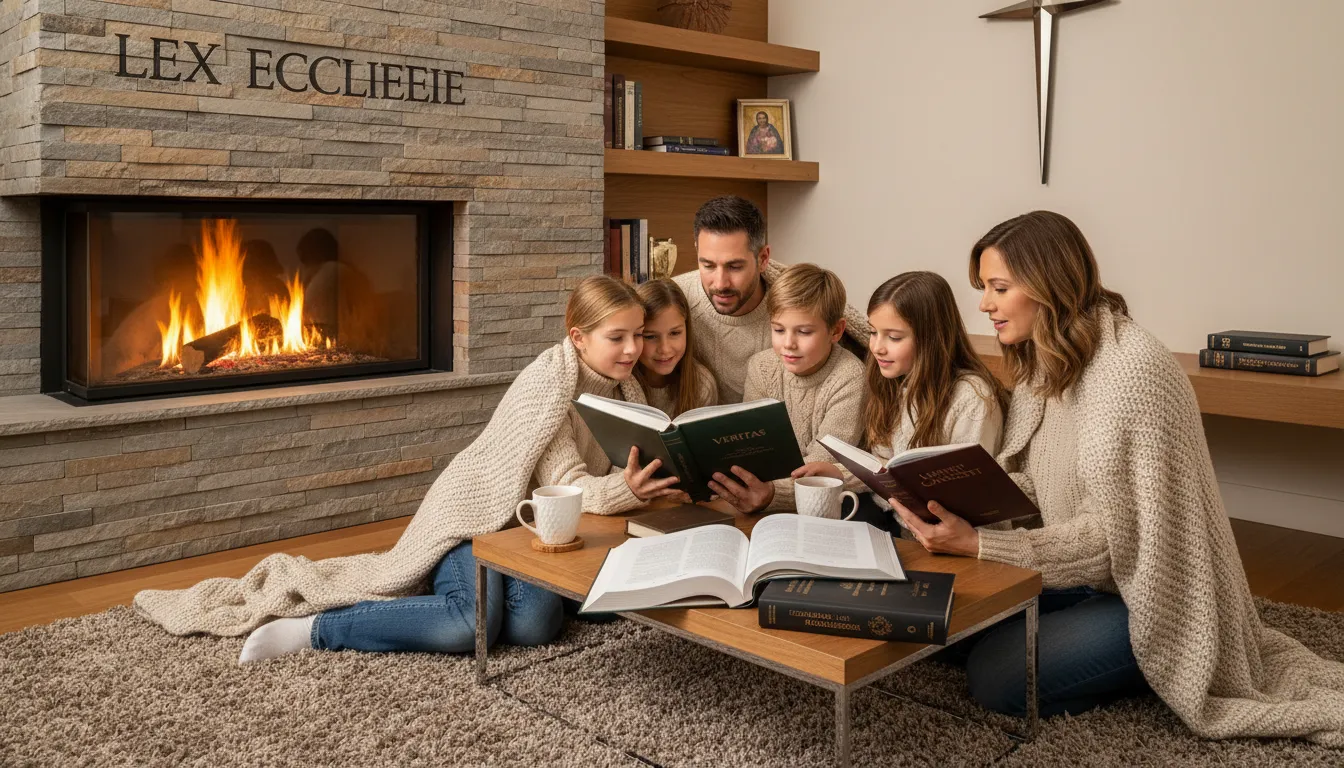 Família cristã moderna reunida lendo livros catolicos perto da lareira, promovendo a fé e união.
