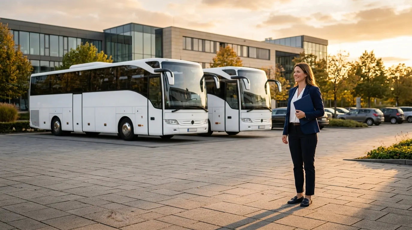 Frotista celebra aprovacao do financiamento de onibus para empresa durante o entardecer.