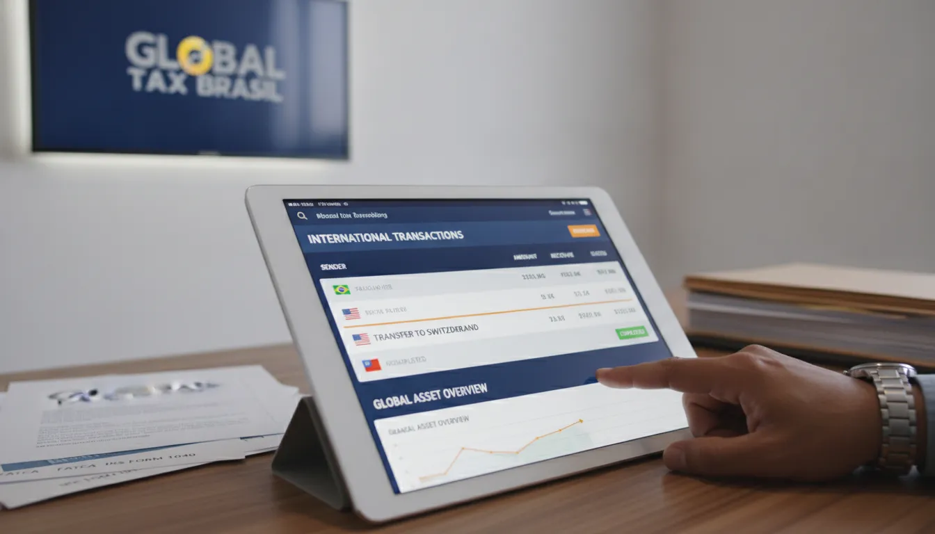 Interface digital exibindo transações internacionais e documentos FATCA/CRS, ilustrando como a Receita Federal descobre rendimentos do exterior.
