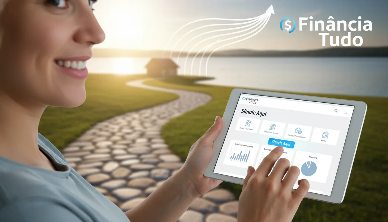 Uma pessoa usando a plataforma Financia Tudo em um tablet para encontrar opções de empréstimo online seguras e ferramentas de planejamento financeiro.