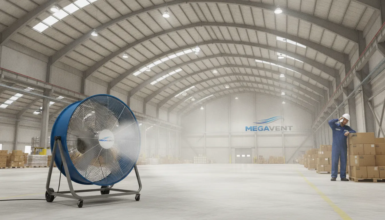 Ventilador portátil industrial MegaVent em grande armazém, mostrando alcance limitado. Não é ideal para espaços amplos.